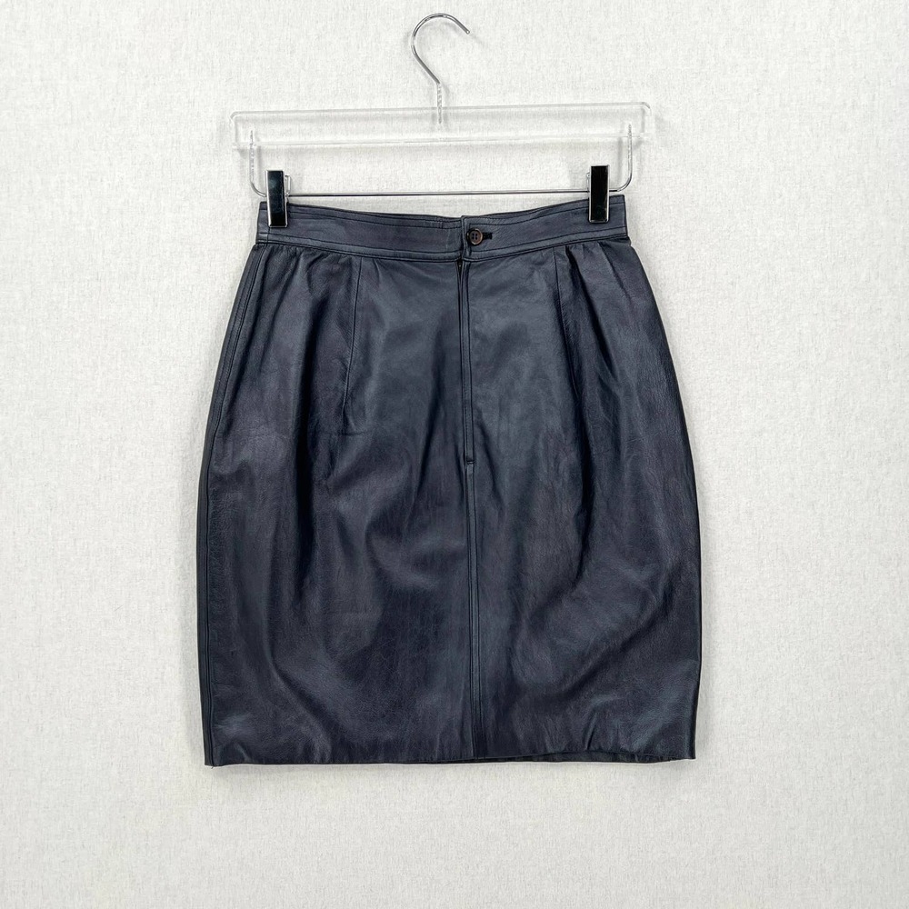 VINTAGE UNGARO PARALLELE PARIS Leather Skirt Womens Small XS Blue Metallic - Picture 2 of 13